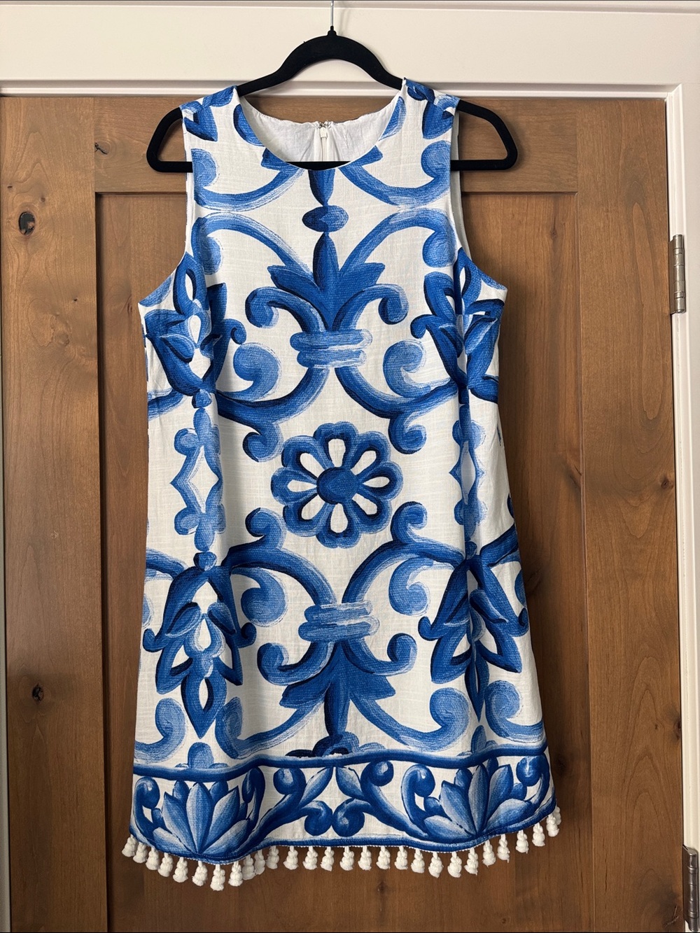 Farmers Market Blue/White Linen Blend pom Pom Hem‎ Shift Dress Womens M coastal